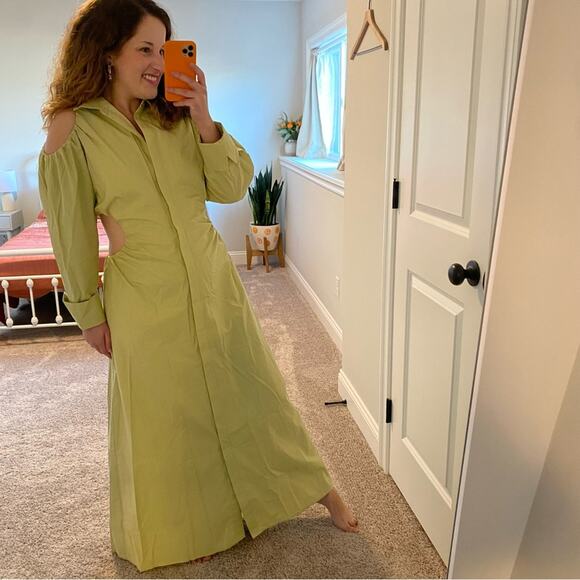 SIR. The Label Green Khaki Cotton Button Front Long Sleeve Maxi Dress Large NWT - Picture 3 of 15